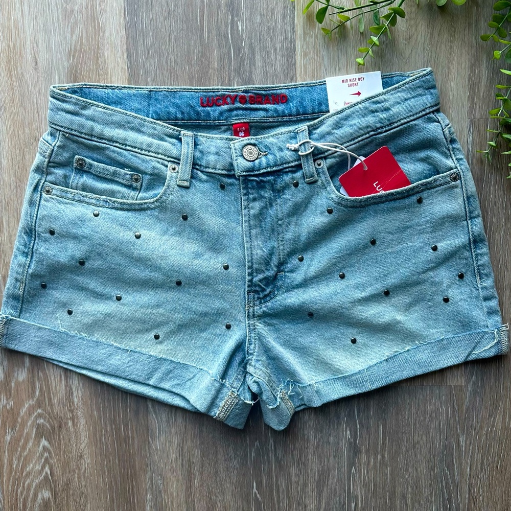 Lucky Brand Women's Light Blue Studded Jean Shorts Mid Rise
